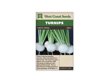 Sachet West Coast Seeds Tokyo Cross montrant six navets blancs regroupés sur un fond sombre. Les racines rondes portent de fines pointes et des pétioles verts dressés. La peau claire contraste avec les fanes. Le nom Tokyo Cross figure dans le bandeau brun, sous le grand titre blanc sur fond vert.