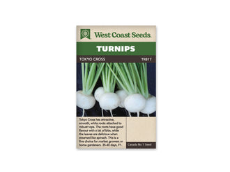 Sachet West Coast Seeds Tokyo Cross montrant six navets blancs regroupés sur un fond sombre. Les racines rondes portent de fines pointes et des pétioles verts dressés. La peau claire contraste avec les fanes. Le nom Tokyo Cross figure dans le bandeau brun, sous le grand titre blanc sur fond vert.