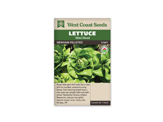 Sachet beige de semences Newham avec bandeau vert et nom sur fond brun. La photo montre plusieurs laitues vertes au jardin, dont une rosette centrale aux feuilles arrondies ouvertes vers l'extérieur. Le cœur est serré et plus clair, avec des reflets brillants sur le feuillage. Le logo biologique canadien se trouve dans le coin supérieur droit.