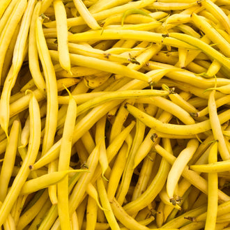 Une accumulation de gousses jaunes couvre le cadrage. Les haricots longs se superposent à différentes profondeurs, avec des pointes fines et quelques pédoncules pâles. Certaines gousses sont courbées et d’autres restent presque droites. Les nuances jaunes changent selon les ombres du tas, qui laisse très peu d’espace dégagé et aucun support nettement identifiable autour des fruits.