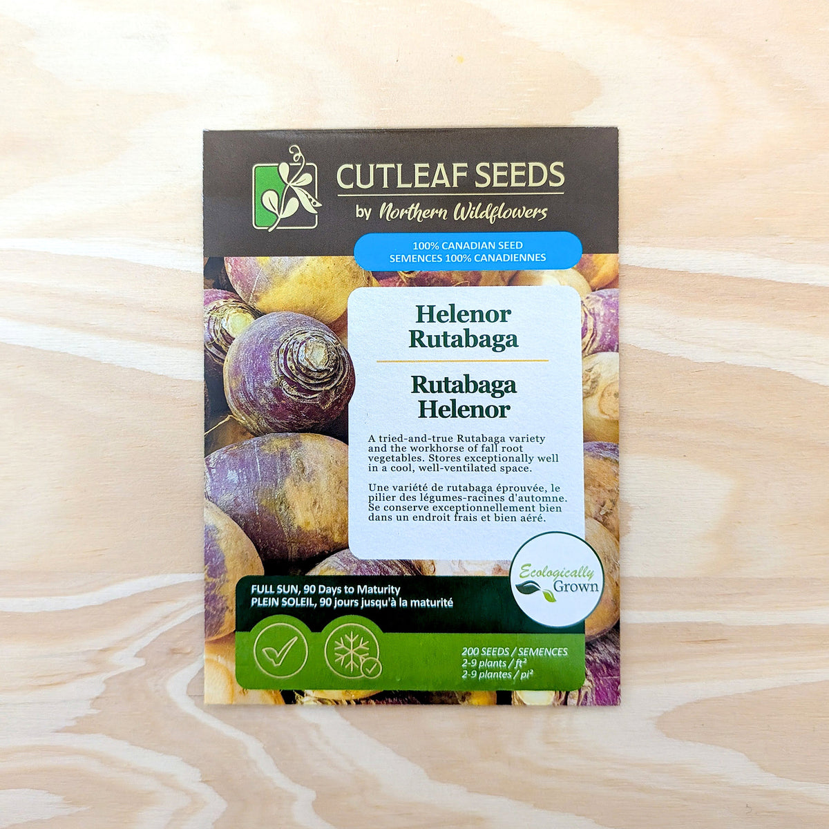 Visuel complémentaire associé à Rutabaga 'Helenor', semences offertes par Cutleaf Seed. Cette image accompagne la fiche pour relier clairement le produit à son emballage ou à la culture présentée. Elle complète les renseignements de semis, de culture et de récolte, sans remplacer les indications propres au lot ni les conseils détaillés figurant sur le sachet.