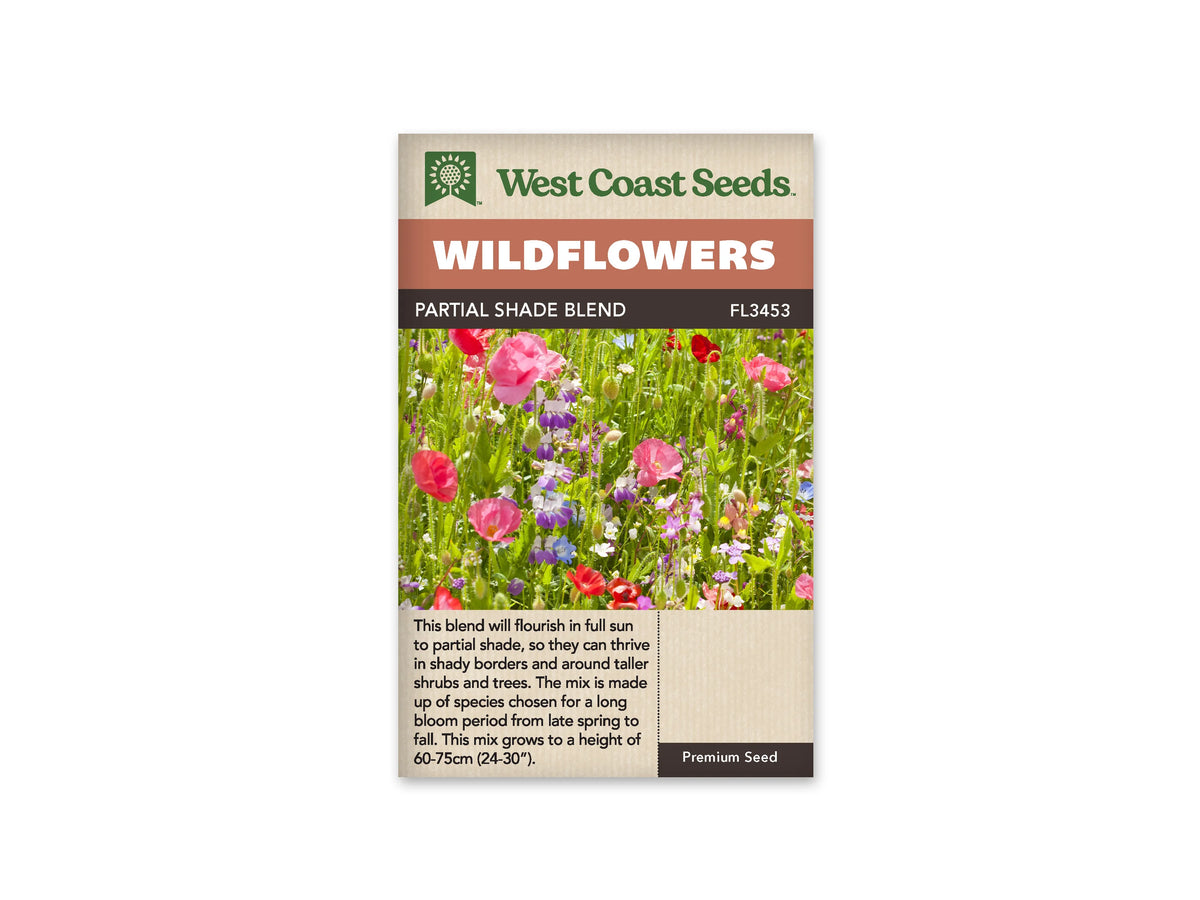 Sachet West Coast Seeds Partial Shade Blend montrant des fleurs roses et rouges parmi des épis violets et blancs. De petites corolles bleues et pâles se dispersent entre les tiges vertes. De nombreux boutons fermés se dressent dans le massif. La photo présente une plantation lumineuse, avec des fleurs de tailles différentes réparties dans le feuillage.