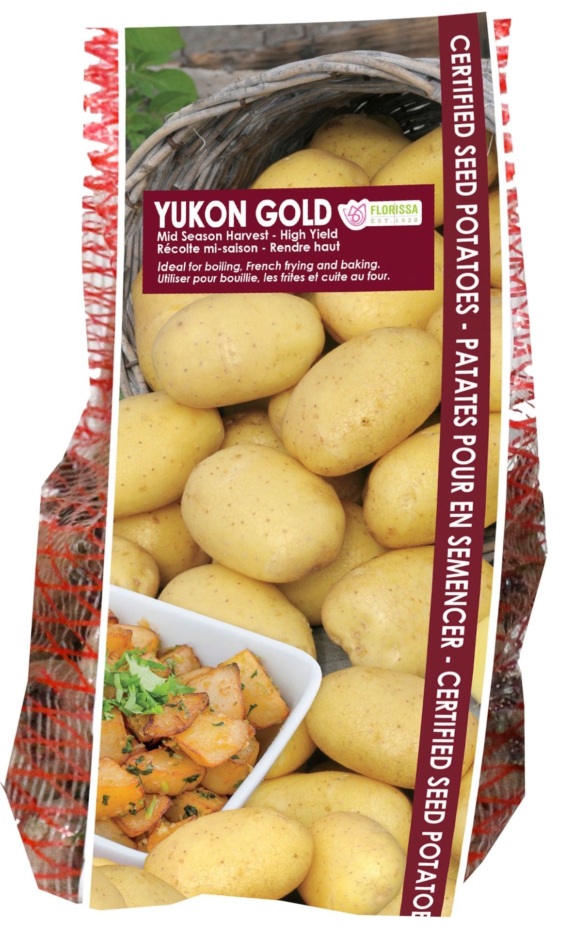 Pomme de terre ‘Yukon Gold’ ( Solanum tuberosum ) : des pommes de terre jaunes visibles dans un sachet vertical illustré. La présentation montre l’emballage avec une illustration du produit et son nom imprimé sur l’étiquette. Les informations sont regroupées sur la face visible, tandis que la photographie met en évidence le contenu ou la plante illustrée. Cette vue vous aide à reconnaître le produit présenté et son conditionnement.