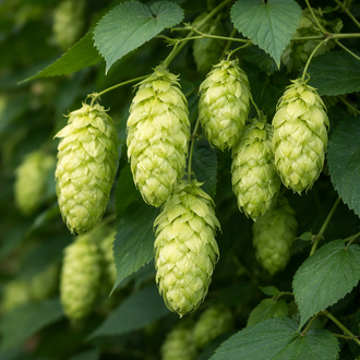 Common hops, a climbing plant with green foliage. Hops provides a seasonal screen: long stems cover a support in summer, then die back with frost. The perennial crown remains in the ground and sends up fresh growth in spring. This seasonal pattern should guide the choice of position, particularly where the planting is also expected to provide privacy during winter.