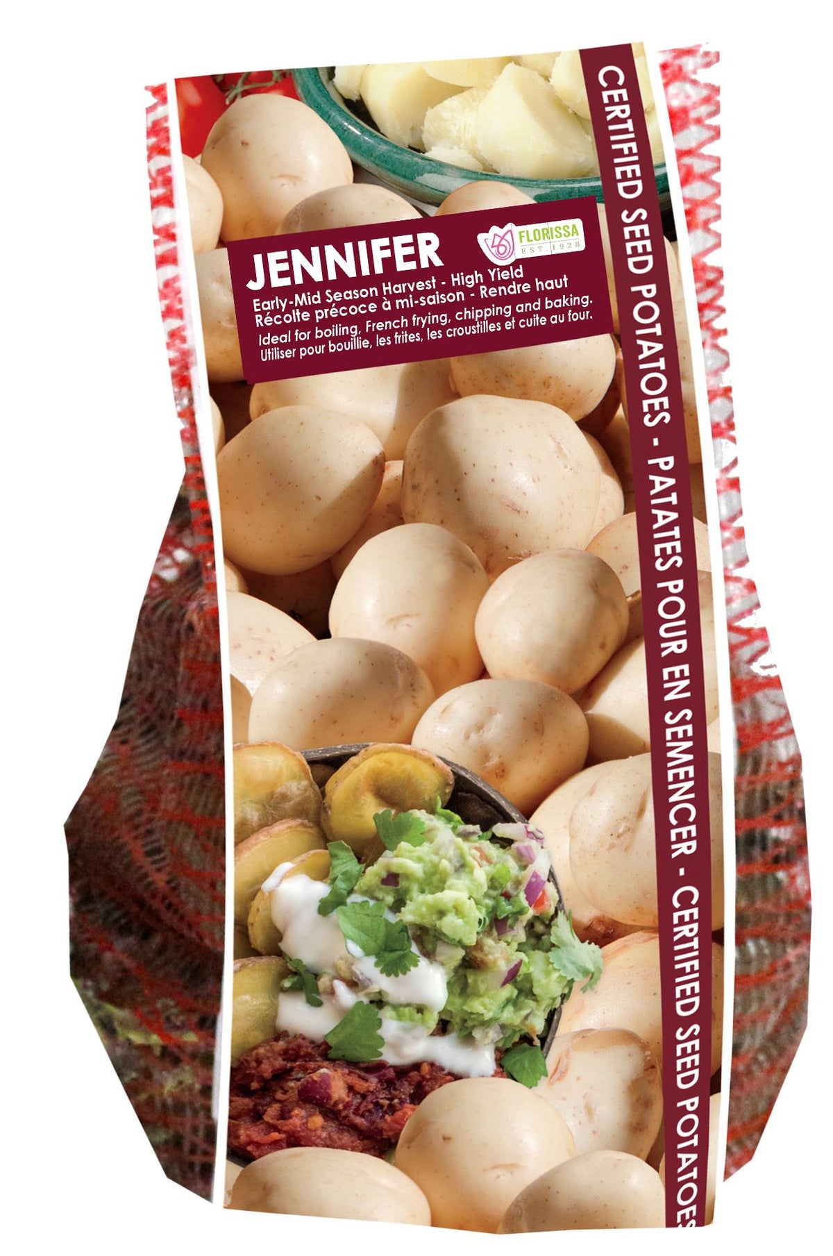 Pomme de terre ‘Jennifer’ ( Solanum tuberosum ) : un sachet vertical illustré de pommes de terre à peau claire. La présentation montre l’emballage avec une illustration du produit et son nom imprimé sur l’étiquette. Les informations sont regroupées sur la face visible, tandis que la photographie met en évidence le contenu ou la plante illustrée. Cette vue vous aide à reconnaître le produit présenté et son conditionnement.