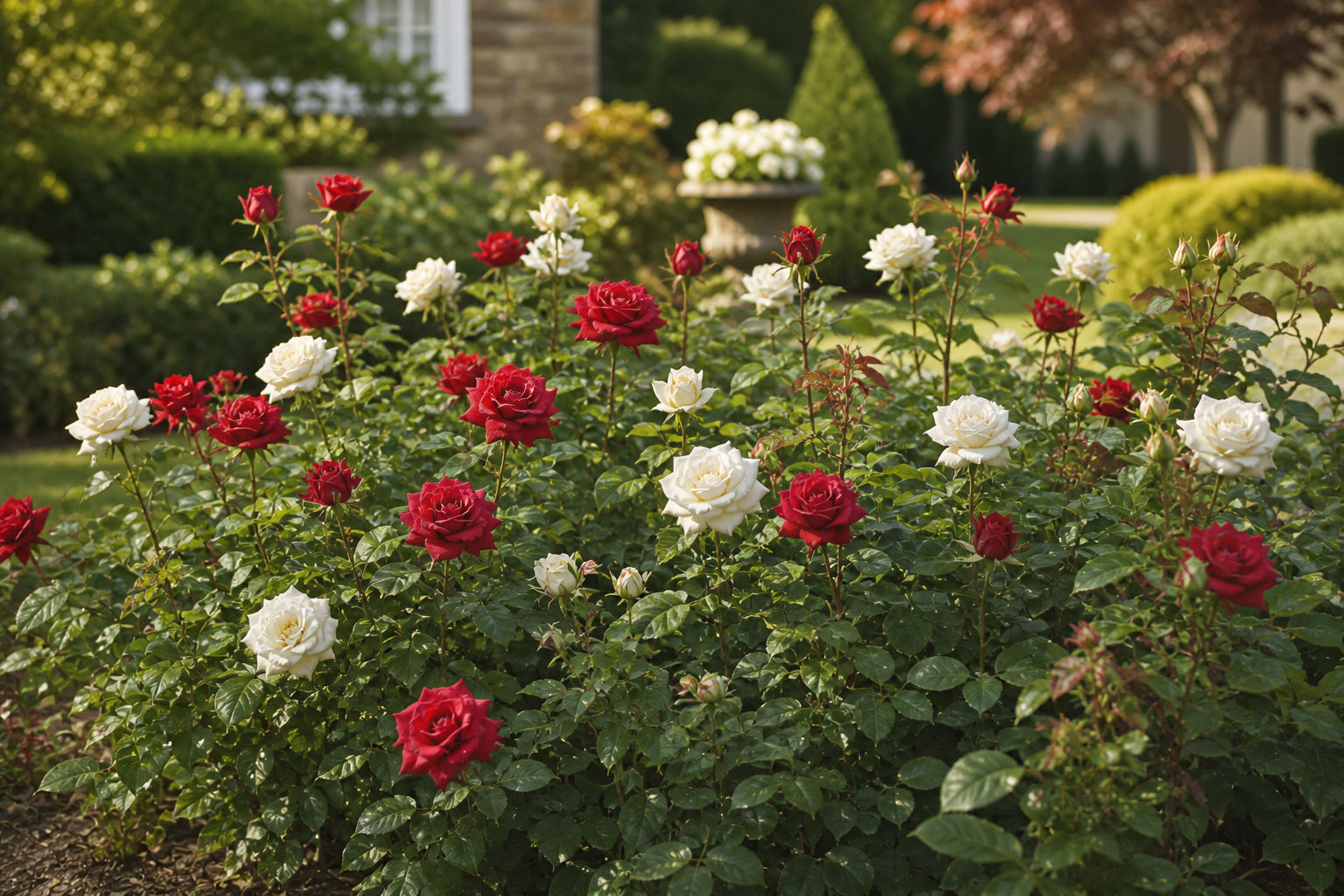 Rosier hybride de thé avec fleurs rouges dans un jardin.
