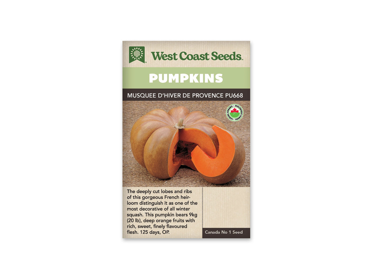 Sachet Musquée d’Hiver de Provence de West Coast Seeds, avec un bandeau vert pâle et un logo biologique canadien. Une citrouille beige brun, très côtelée, est ouverte pour montrer sa chair orange épaisse. Un quartier détaché repose devant le fruit sur une surface tressée. Un encadré beige avec du texte occupe le bas.