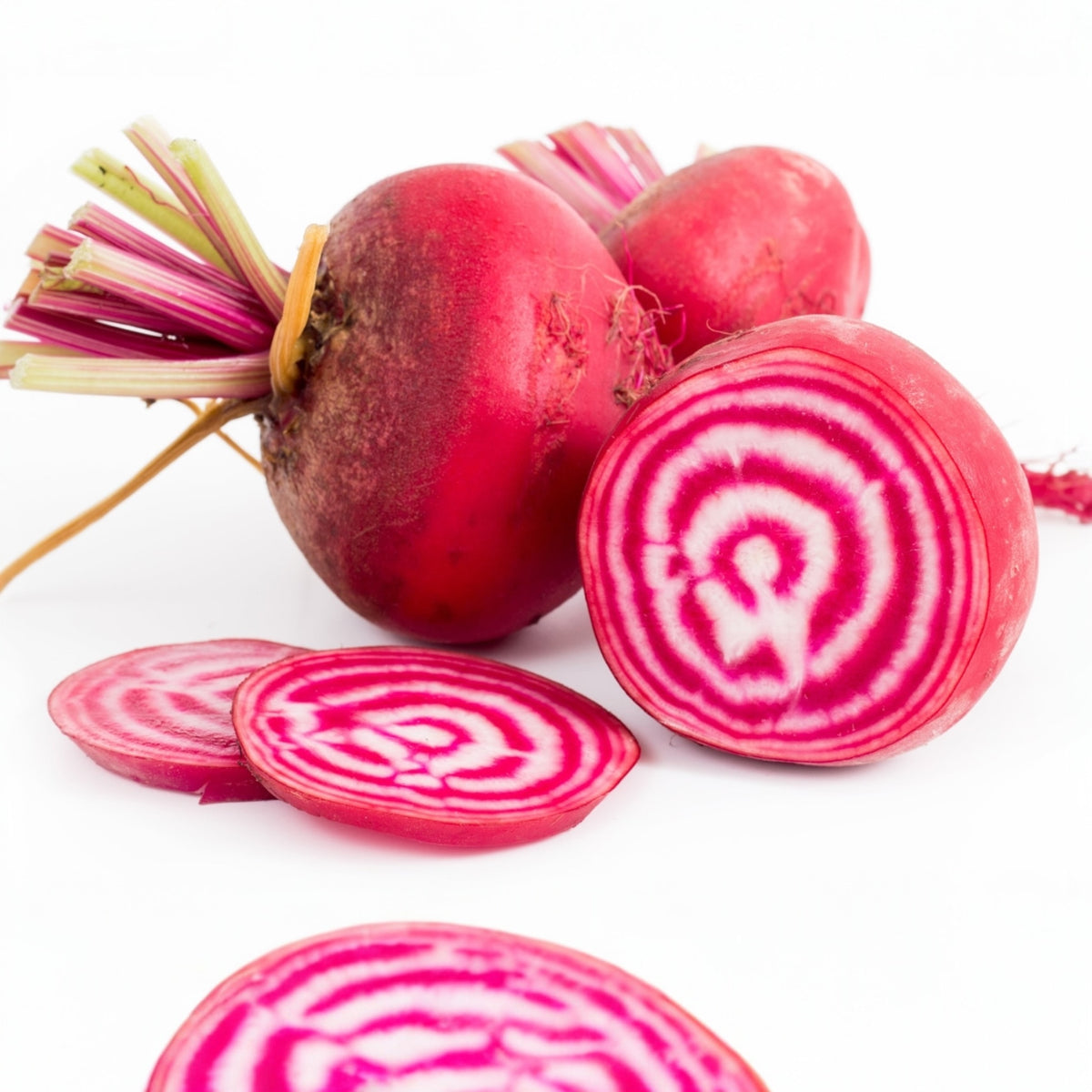 Photo de Betterave ‘Chioggia Guardsmark’ bio. Le feuillage présente ce coloris : vert moyen. Les racines présentent cette forme : ovale-ronde. Le visuel permet d’observer les contours, les teintes et la disposition des éléments présentés. Les détails de forme et les contrastes donnent un aperçu de l’apparence de cette plante ou de sa récolte.