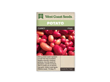 Sachet West Coast Seeds Clancy montrant un tas de petites pommes de terre rouges et rose doré. Les tubercules sont ronds à allongés et portent quelques yeux visibles sur leur peau lisse. Plusieurs teintes se côtoient dans la photo. Le nom Clancy apparaît dans le bandeau brun sous le titre blanc sur fond vert.