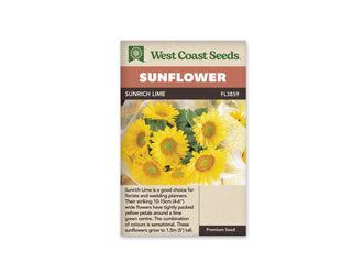 Sachet beige de semences Sunrich Lime avec bandeau terre cuite et nom sur fond brun. La photographie présente un bouquet de tournesols jaunes enveloppé de papier imprimé clair. Les fleurs ont des centres verts bordés d'une couronne dorée et de nombreux pétales serrés. Des feuilles vertes se mêlent aux capitules, disposés face au regard.