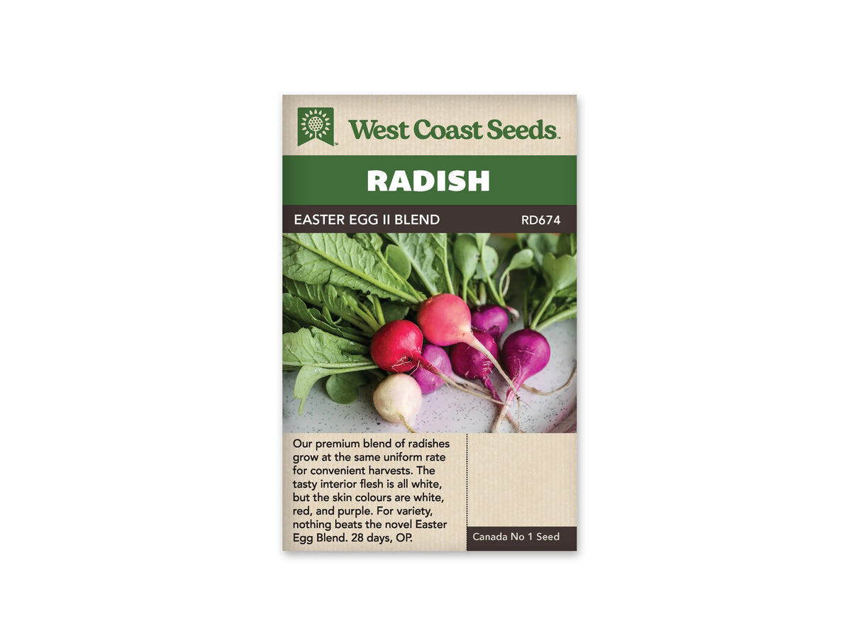 Sachet West Coast Seeds Easter Egg II Blend montrant des radis ronds blancs, roses, rouges et violets. Les racines fines se croisent sur une assiette claire, tandis que les fanes vertes s’étendent derrière les légumes. Le nom du mélange est inscrit dans le bandeau brun, sous le grand titre blanc sur fond vert.