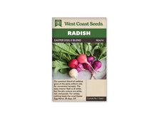 Sachet West Coast Seeds Easter Egg II Blend montrant des radis ronds blancs, roses, rouges et violets. Les racines fines se croisent sur une assiette claire, tandis que les fanes vertes s’étendent derrière les légumes. Le nom du mélange est inscrit dans le bandeau brun, sous le grand titre blanc sur fond vert.