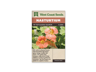 Sachet Tip Top Alaska Salmon de West Coast Seeds sur fond blanc. La photo montre plusieurs fleurs rose saumon à gorge jaune, portées au-dessus de feuilles rondes vertes marbrées de crème. De petites gouttes brillent sur les fleurs et les feuilles. Le bandeau orange indique Nasturtium; la bande brune porte le nom de la variété et le code FL3004.