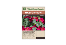 Sachet Baby Rose de West Coast Seeds sur fond blanc. Des fleurs rose vif à centre jaune se mêlent à des feuilles rondes vert foncé, parcourues de nervures claires en étoile. Les pétales présentent des bords ondulés. Le bandeau orange indique Nasturtium; la bande brune porte Baby Rose et le code FL3904. Le texte mentionne une récompense AAS.