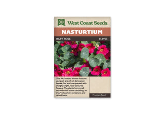 Sachet Baby Rose de West Coast Seeds sur fond blanc. Des fleurs rose vif à centre jaune se mêlent à des feuilles rondes vert foncé, parcourues de nervures claires en étoile. Les pétales présentent des bords ondulés. Le bandeau orange indique Nasturtium; la bande brune porte Baby Rose et le code FL3904. Le texte mentionne une récompense AAS.