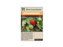 Sachet beige de semences Fresca avec une bande orange et une bande brune. La photo centrale montre une grosse fraise rouge entourée de plusieurs fruits encore blancs ou verts, parmi les feuilles et les tiges du fraisier. De la terre est visible sous les fruits. Un texte descriptif en anglais occupe la partie inférieure du sachet.
