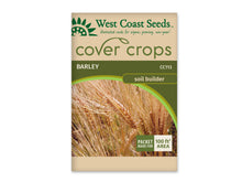 Sachet beige et vert West Coast Seeds de la gamme Cover Crops, portant le nom anglais Barley et le code CC113. La photo centrale montre des épis dorés munis de longues arêtes fines, au milieu de nombreuses tiges de céréales. Un encadré vert et blanc dans le coin inférieur droit annonce une couverture de 100 pieds carrés. Le sachet est présenté sur fond blanc.