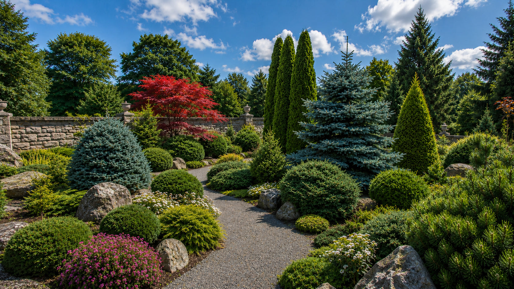 Jardin rocaille paysager avec conifères ornementaux, arbustes taillés, sentier de gravier, roches naturelles et érable japonais rouge.