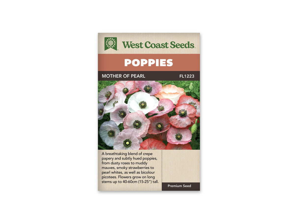 Sachet Mother of Pearl de West Coast Seeds sur fond blanc. La photo montre des fleurs blanches, roses, mauves et rouge pâle aux centres foncés. Certaines corolles ont des bords plus soutenus ou des pétales finement striés. Du feuillage vert les entoure. Le bandeau orange indique Poppies et la bande brune porte Mother of Pearl, code FL1223.