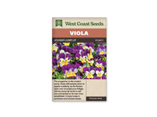 Sachet West Coast Seeds Johnny Jump Up montrant de nombreuses petites fleurs violettes, jaunes et blanches. Les pétales supérieurs violets dominent des faces claires striées de fines lignes sombres. Quelques feuilles vertes apparaissent sous les fleurs. Le nom Johnny Jump Up est inscrit dans le bandeau brun sous le titre blanc.