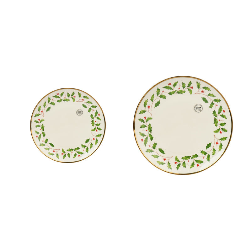 Assiette de Noël en porcelaine à houx – Vert — 20,5 cm sur fond blanc