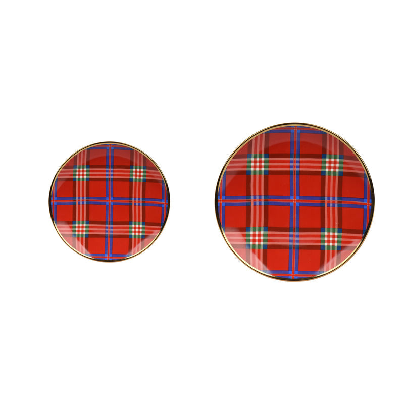 Assiette de Noël en porcelaine tartan – Rouge — 20,5 cm sur fond blanc