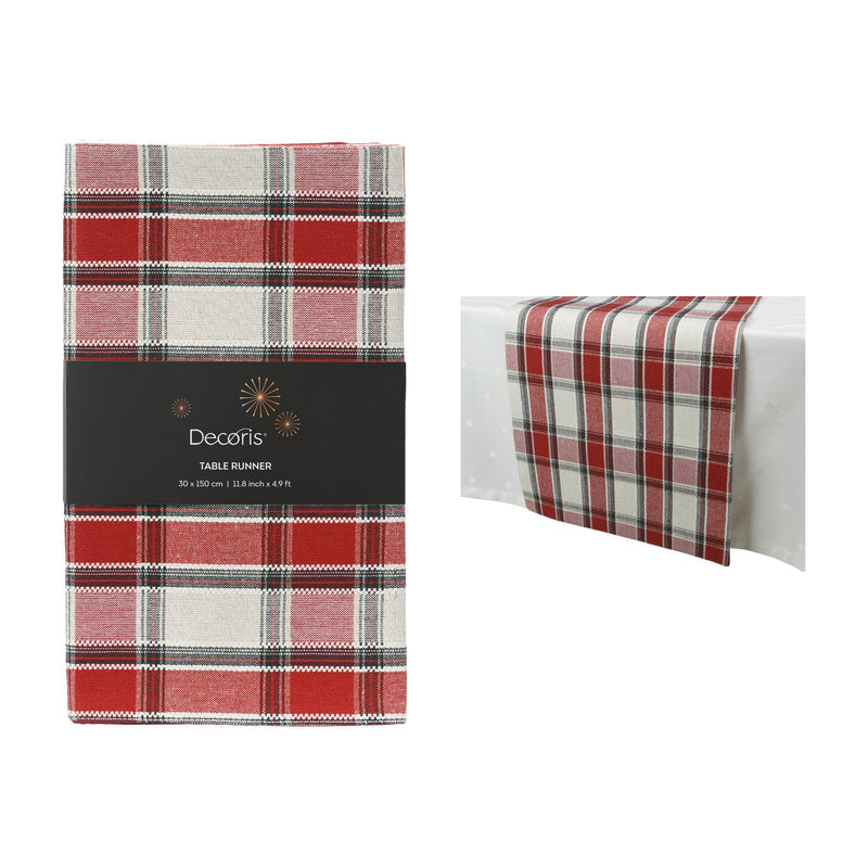 Chemin de table de Noël en coton tartan – Rouge et vert — Tartan crème sur fond blanc