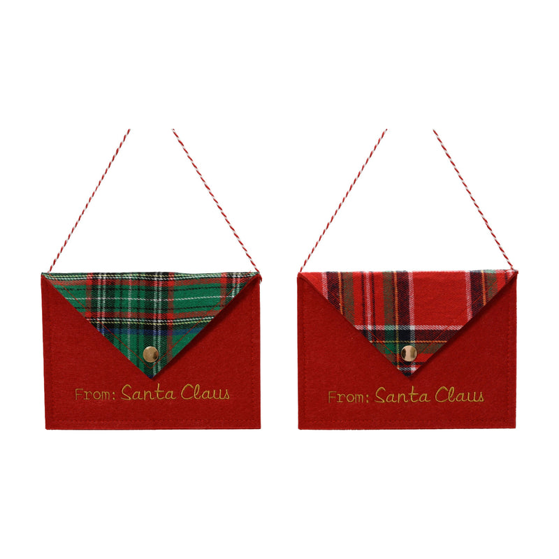 Enveloppe du Père Noël en feutre – Rouge — Tartan vert sur fond blanc