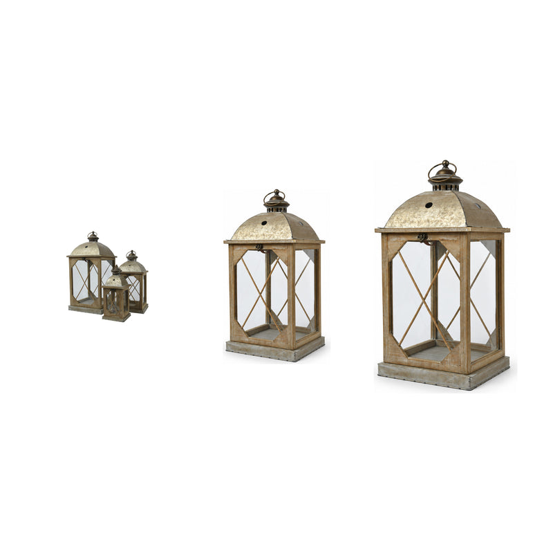 Lanterne en bois de sapin à croisillons – Or antique — 14 × 14 × 32 cm sur fond blanc