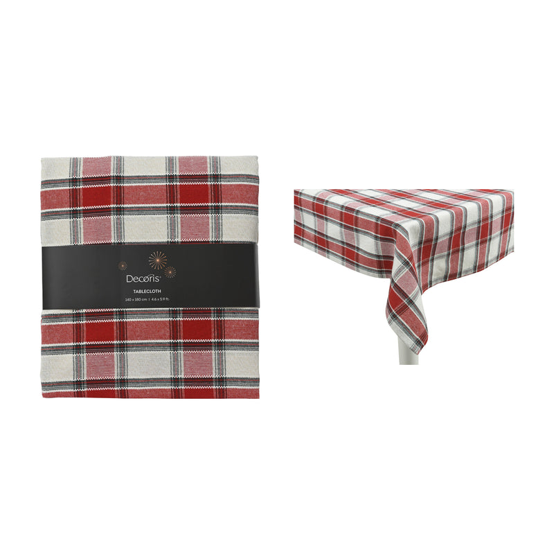 Nappe de Noël en coton tartan – Rouge et vert — Tartan crème sur fond blanc