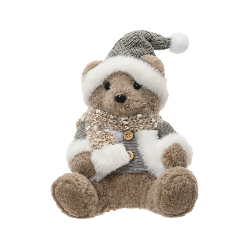 Ours de Noël en fausse fourrure – Petit assis · Gris / Beige