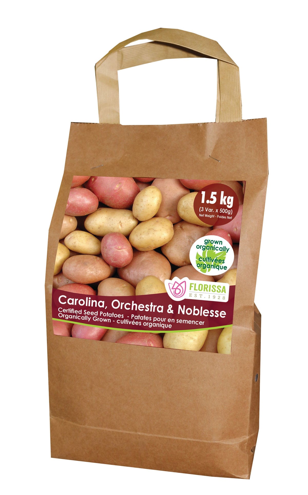Pomme de terre ‘Organic Combo Sack’ ( Solanum tuberosum ) : un sac en papier à poignées illustré d’un mélange de pommes de terre. La présentation montre l’emballage avec une illustration du produit et son nom imprimé sur l’étiquette. Les informations sont regroupées sur la face visible, tandis que la photographie met en évidence le contenu ou la plante illustrée. Cette vue vous aide à reconnaître le produit présenté et son conditionnement.