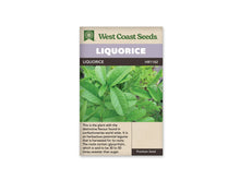 Sachet de réglisse West Coast Seeds présenté de face sur fond blanc. La photographie montre des feuilles vertes composées de folioles allongées, rapprochées sur des tiges fines. Le bandeau mauve porte le nom LIQUORICE. Une description en anglais occupe la partie beige inférieure, sous l’image du feuillage, et le logo apparaît en haut du sachet.