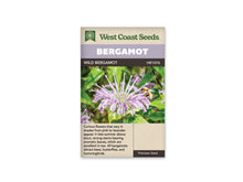 Sachet de monarde fistuleuse West Coast Seeds présenté de face sur fond blanc. La photographie centrale montre une tête florale rose lavande, composée de nombreuses fleurs tubulaires rayonnantes, entourée de feuilles vertes. Un bandeau mauve indique BERGAMOT; la désignation WILD BERGAMOT apparaît sur une ligne foncée. Le bas beige du sachet contient un texte descriptif en anglais.
