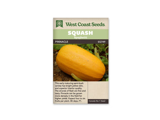 Sachet beige de semences Pinnacle avec bandeau vert pâle et nom sur fond brun. La photographie montre une courge ovale jaune vif posée sur la terre. De petites gouttes brillent sur sa peau lisse. Des feuilles et des tiges vertes entourent le fruit, dont le pédoncule apparaît près du bord droit, au-dessus du texte anglais.