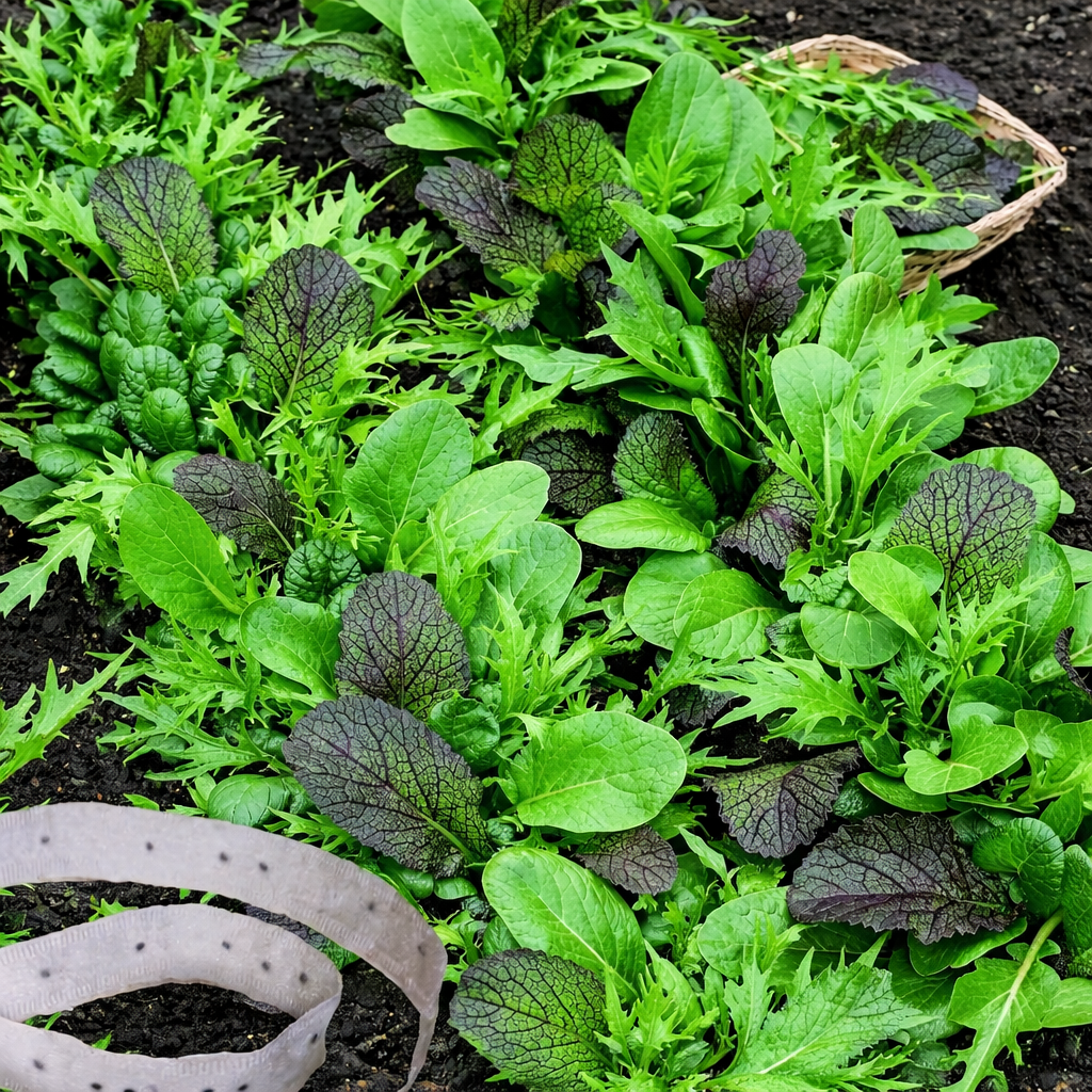 Mesclun de laitues sur ruban (<em>Lactuca sativa</em> et légumes-feuilles)