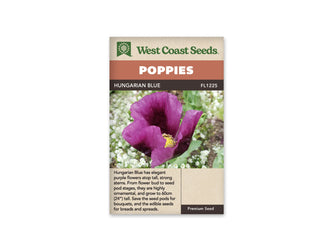 Sachet Hungarian Blue de West Coast Seeds sur fond blanc. La photo montre une fleur simple violette et magenta, aux bases des pétales plus sombres. Son centre vert jaunâtre est entouré d’étamines. Du feuillage, de la terre et de petites fleurs blanches apparaissent à l’arrière. Le bandeau orange indique Poppies et la bande brune Hungarian Blue, code FL1225.