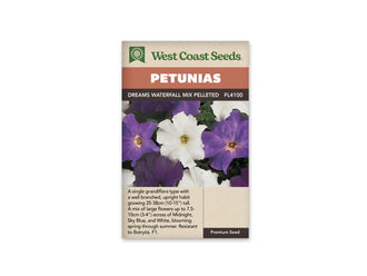 Sachet Dreams Waterfall Mix Pelleted de West Coast Seeds sur fond blanc. La photo montre des fleurs de pétunia blanches, violettes et violet foncé, serrées parmi un feuillage vert. Une grande fleur blanche occupe le centre, avec une gorge jaune verdâtre et de fines nervures. Les corolles ont des bords légèrement ondulés. Le code FL4100 figure sur la bande brune.
