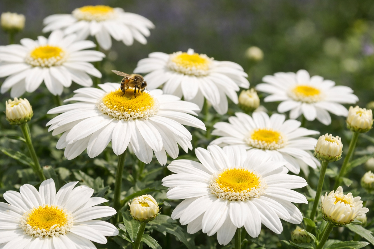 Groupe de marguerites blanches en extérieur avec une abeille posée sur une fleur centrale, pétales fins et naturels autour d’un cœur jaune vif bordé d’un liseré blanc, avec boutons floraux et feuillage vert en arrière-plan légèrement flou.