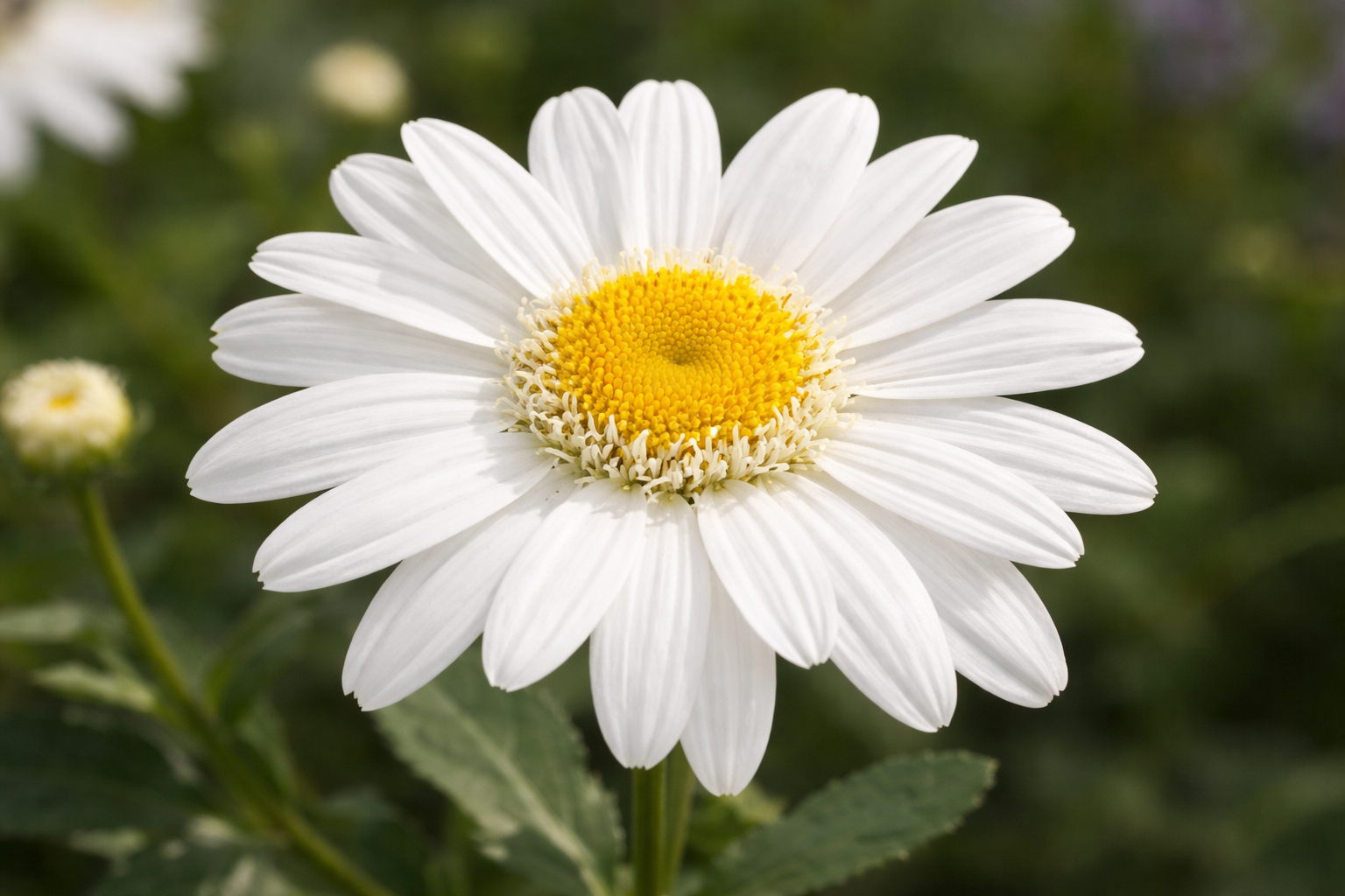 Gros plan d’une marguerite blanche parfaitement ouverte, avec pétales légèrement texturés disposés en couronne autour d’un cœur jaune dense entouré d’un fin anneau de petits fleurons blancs, sur fond végétal flou naturel.