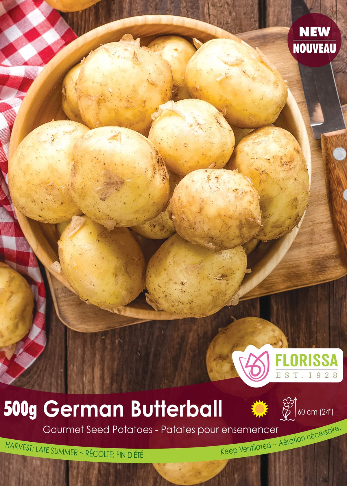 Pomme de terre ‘German Butterball’ ( Solanum tuberosum ) : des pommes de terre jaunes regroupées dans un panier. Le visuel Florissa présente la plante et son nom dans la partie inférieure de l’étiquette. La photographie occupe presque toute la surface, tandis que le bandeau du bas rassemble les indications du produit. Cette vue permet de reconnaître son apparence et de distinguer la variété présentée.