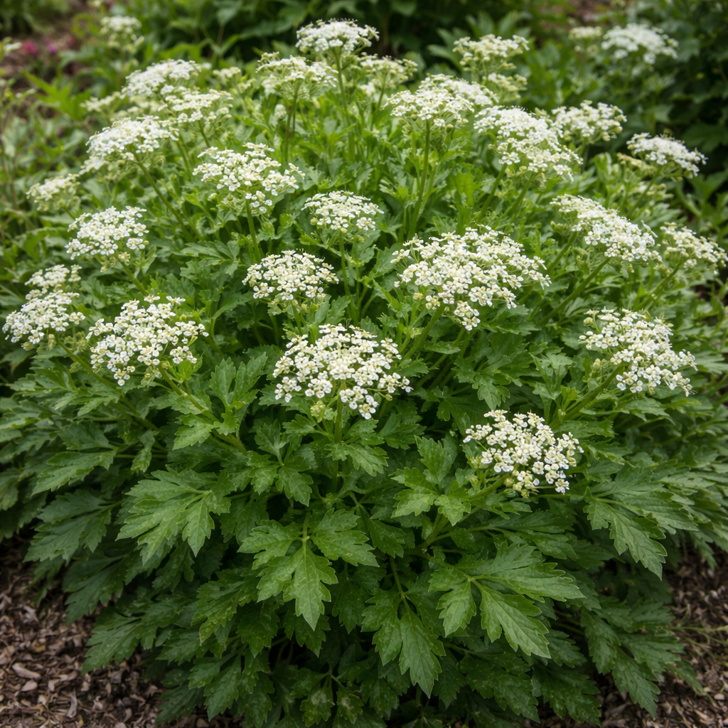 Livèche d’Écosse, plante vivace au feuillage vert.