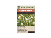 Sachet White de West Coast Seeds sur fond blanc. La photo montre des têtes rondes blanches à crème au bout de tiges vertes et brunâtres, parmi des feuilles allongées. Plusieurs fleurs se détachent devant un fond vert flou. Le bandeau orange indique Gomphrena; la bande brune porte White et le code FL4063.