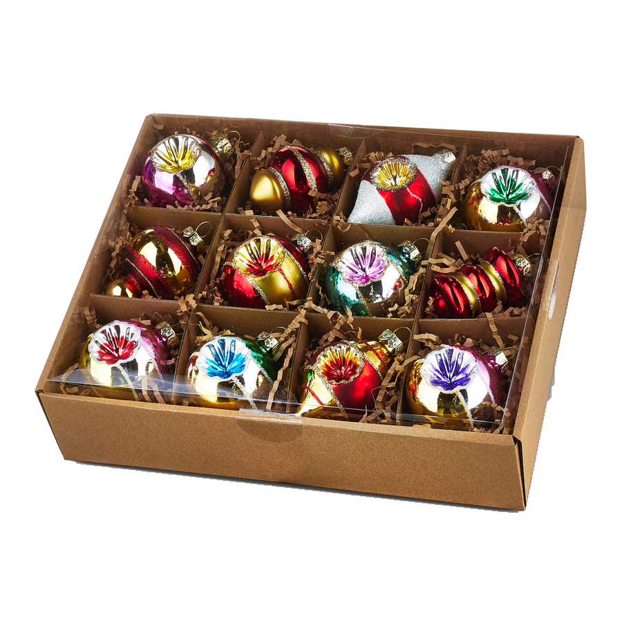 Boîte de 12 ornements de Noël vintage en verre – 2 po — toutes les variantes sur fond blanc