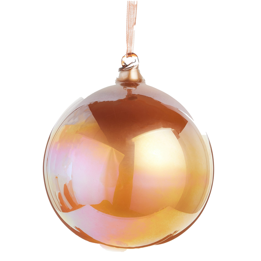 Boule de Noël bronze iridescente en verre – 5 po — toutes les variantes sur fond blanc