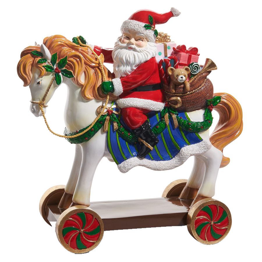 Figurine père Noël sur cheval jouet – 15,5 po — variantes sur fond blanc