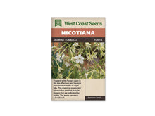 Sachet Jasmine Tobacco de West Coast Seeds sur fond blanc. La photo montre des fleurs blanches en étoile au bout de longs tubes vert pâle, suspendues parmi des tiges ramifiées. Plusieurs boutons restent fermés et quelques fleurs sont vues de profil. Le bandeau orange indique Nicotiana; la bande brune porte Jasmine Tobacco et le code FL3014.