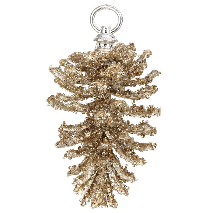 Ornement pomme de pin pailleté givré – Champagne – 7 po
