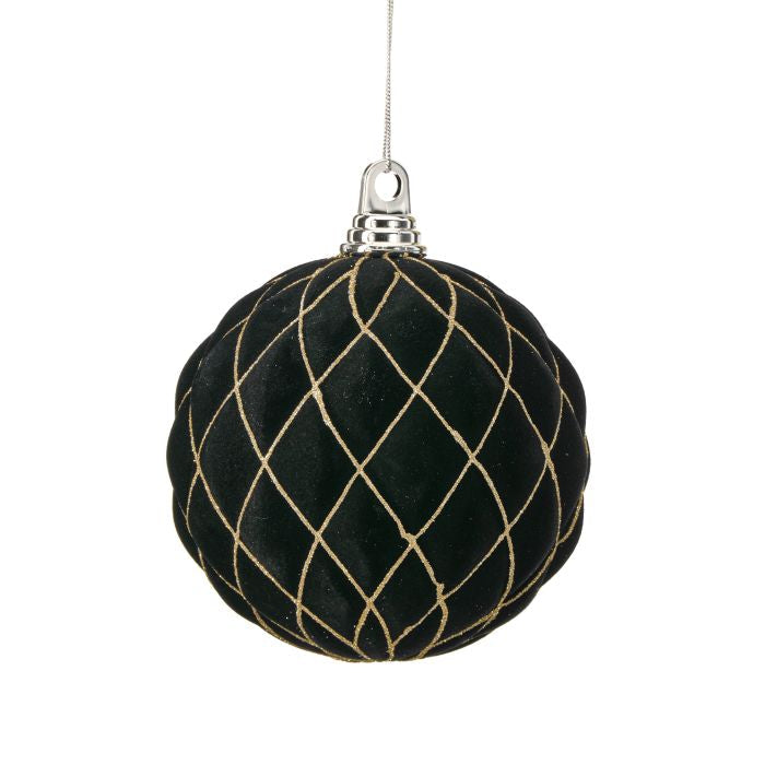 Boule de Noël en velours matelassé avec lignes dorées – Noir – 150 mm