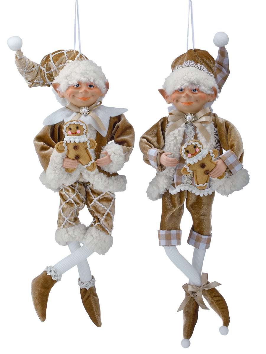 Elfes décoratifs de Noël en pain d’épice – Brun et blanc – 17 po